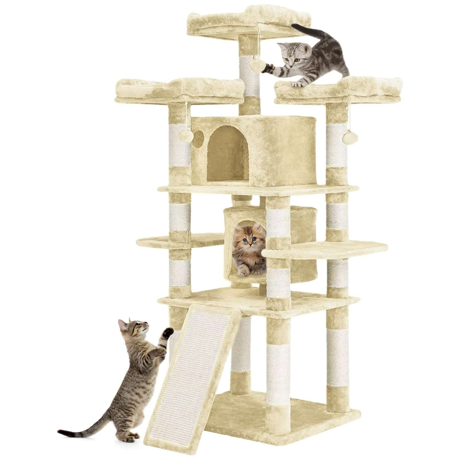 Torre rascador decorativa de 170 centimetros con base reforzada de 60 por 50 cm y sisal natural para gatos.