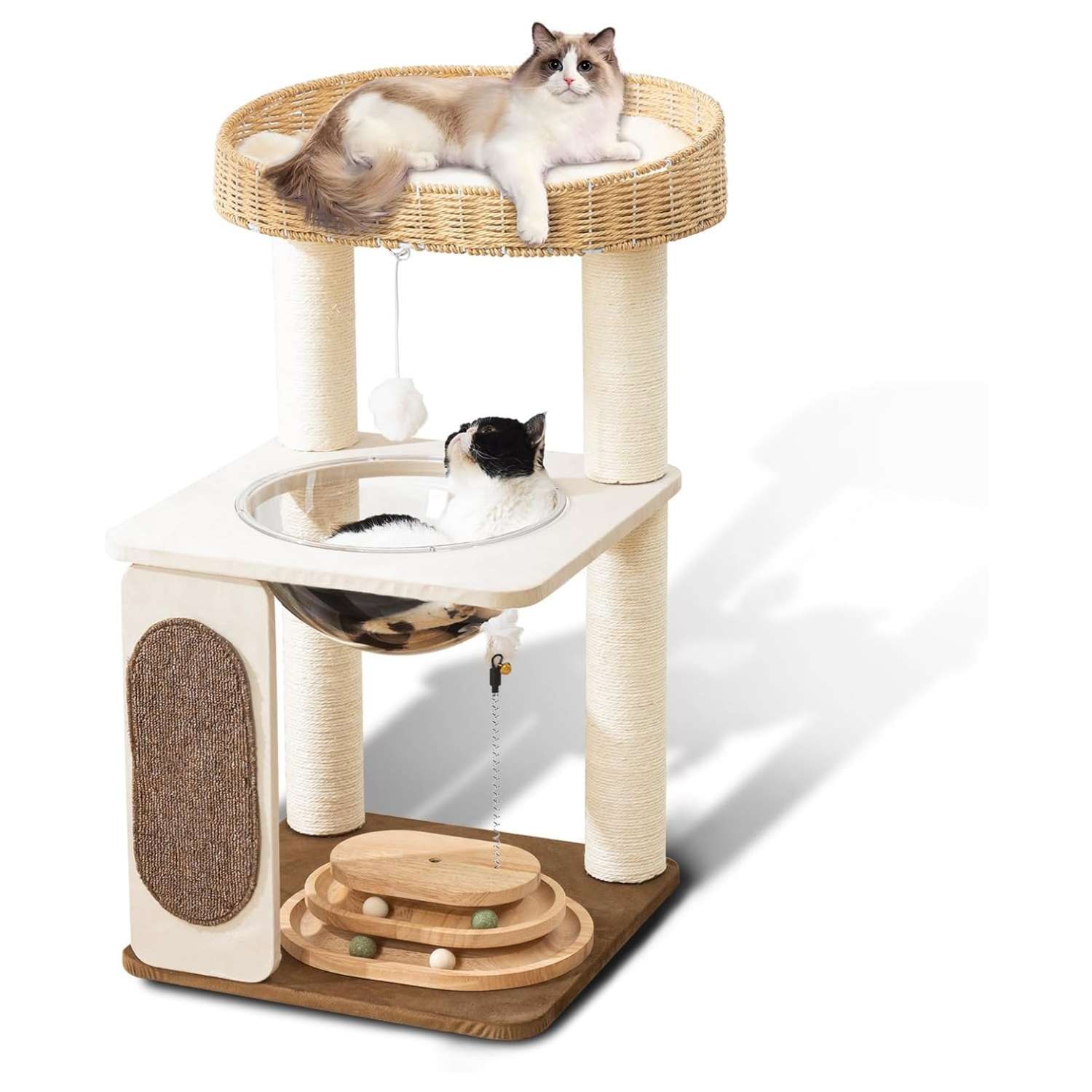 Torre rascador de madera de 76 centimetros con capsula espacial transparente y nido tejido a mano. Base estable de 44x44 cm.