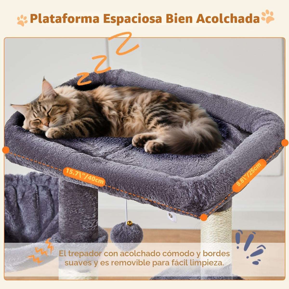 Torre rascador para gatitos de 98 centimetros con cesta de metal y cama nube. Mueble compacto de 3 niveles con sisal.