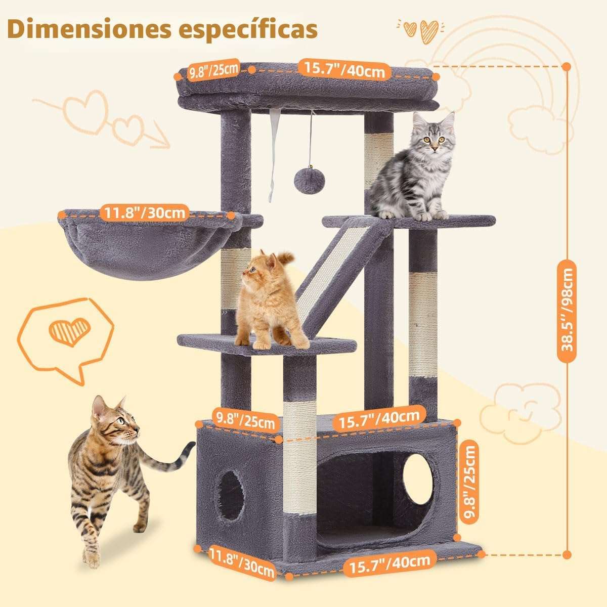 Torre rascador para gatitos de 98 centimetros con cesta de metal y cama nube. Mueble compacto de 3 niveles con sisal.