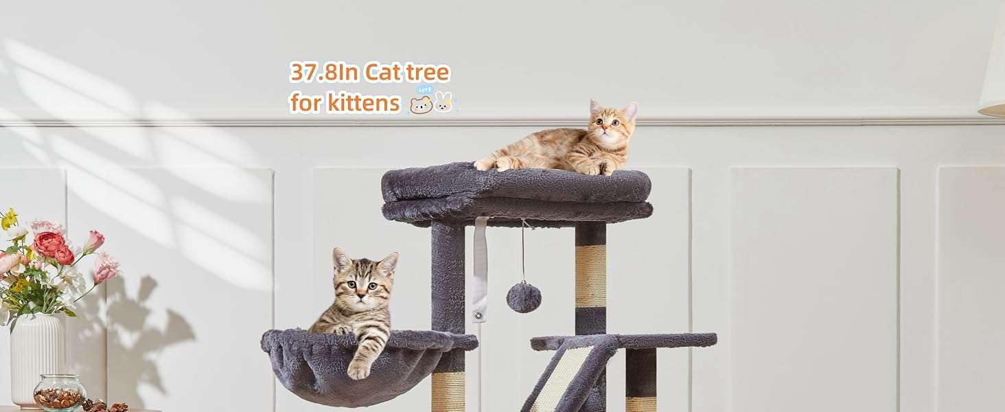 Torre rascador para gatitos de 98 centimetros con cesta de metal y cama nube. Mueble compacto de 3 niveles con sisal.