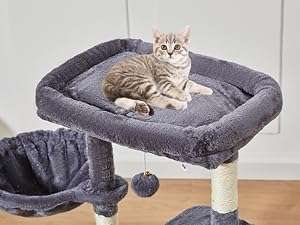 Torre rascador para gatitos de 98 centimetros con cesta de metal y cama nube. Mueble compacto de 3 niveles con sisal.