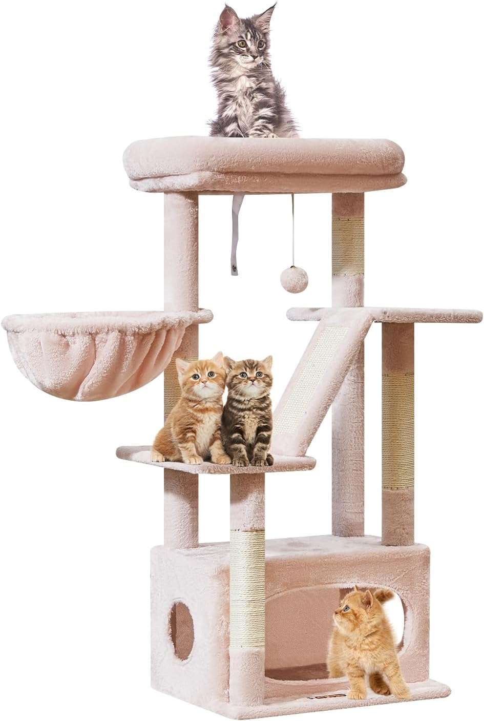 Torre rascador para gatitos de 98 centimetros con cesta de metal y cama nube. Mueble compacto de 3 niveles con sisal.