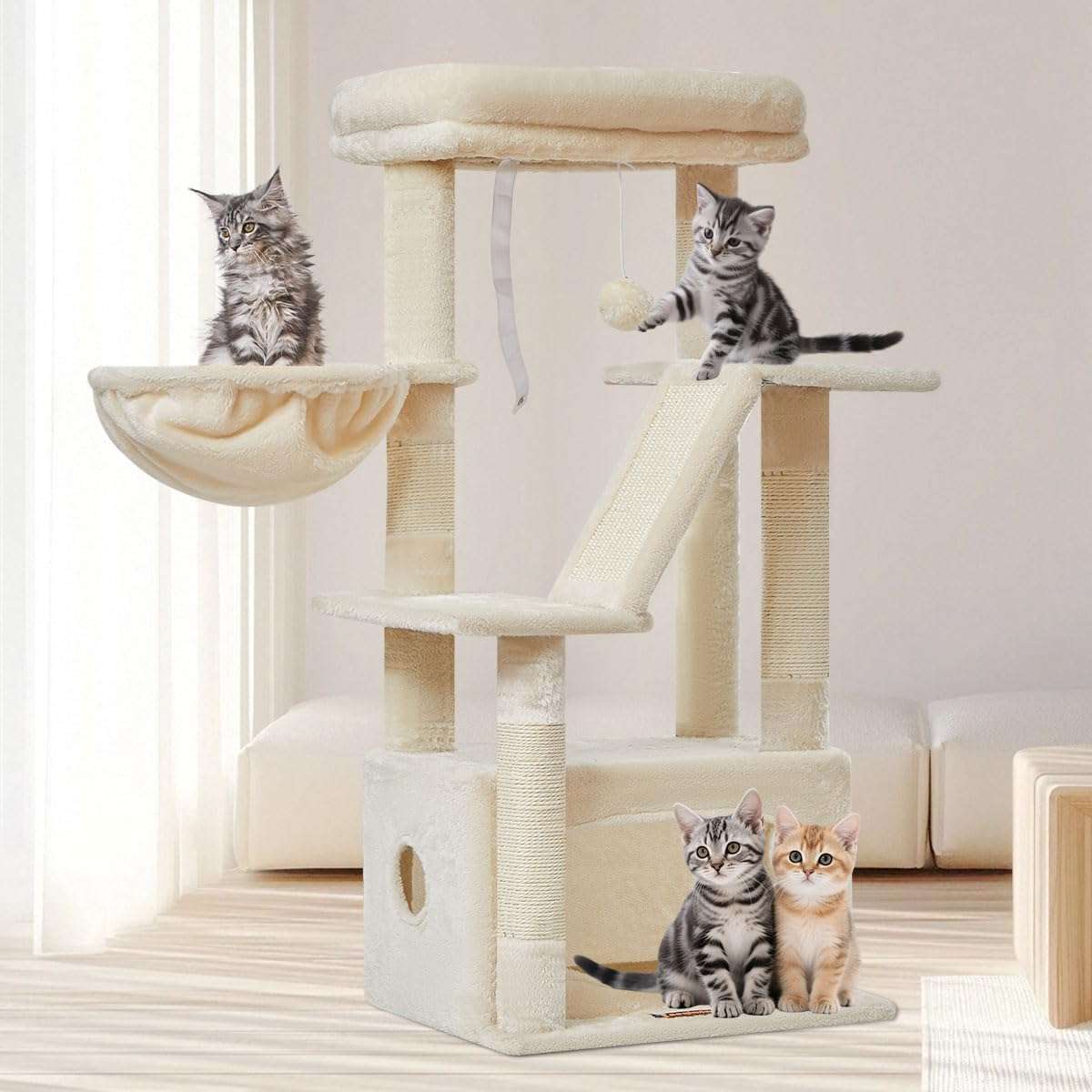 Torre rascador para gatitos de 98 centimetros con cesta de metal y cama nube. Mueble compacto de 3 niveles con sisal.