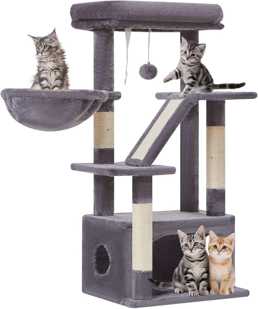 Torre rascador para gatitos de 98 centimetros con cesta de metal y cama nube. Mueble compacto de 3 niveles con sisal.