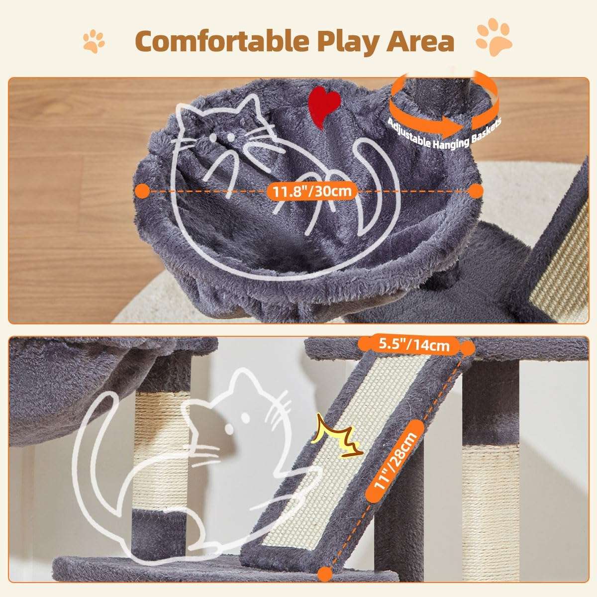 Torre rascador para gatitos de 98 centimetros con cesta de metal y cama nube. Mueble compacto de 3 niveles con sisal.
