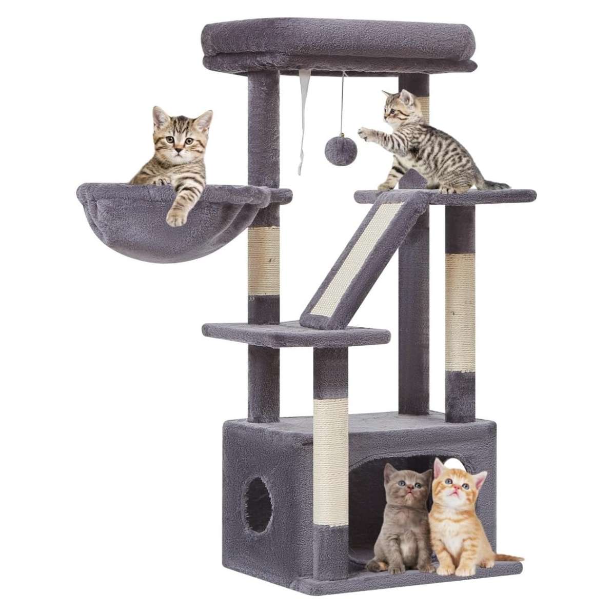 Torre rascador para gatitos de 98 centimetros con cesta de metal y cama nube. Mueble compacto de 3 niveles con sisal.