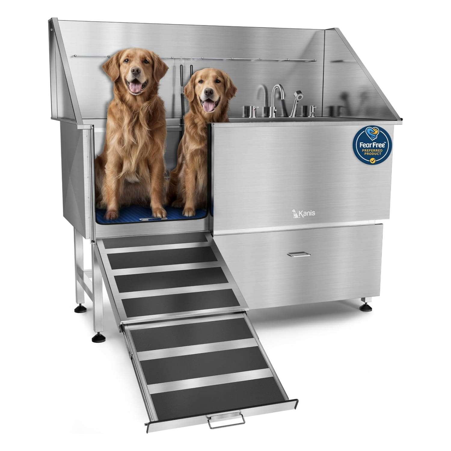 Bañera peluqueria canina acero inoxidable rampa deslizante griferia perros grandes