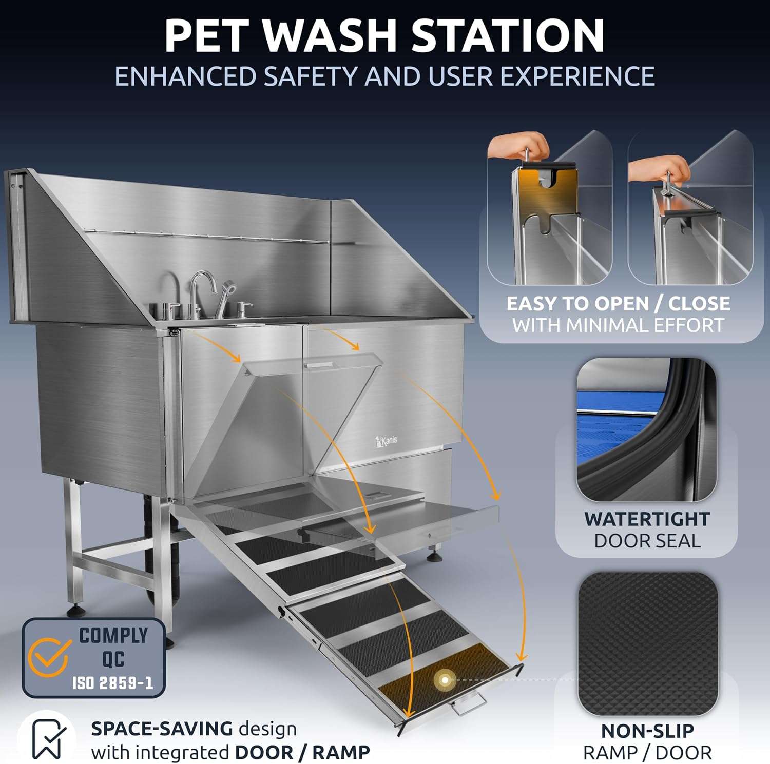 Bañera peluqueria canina acero inoxidable rampa deslizante griferia perros grandes