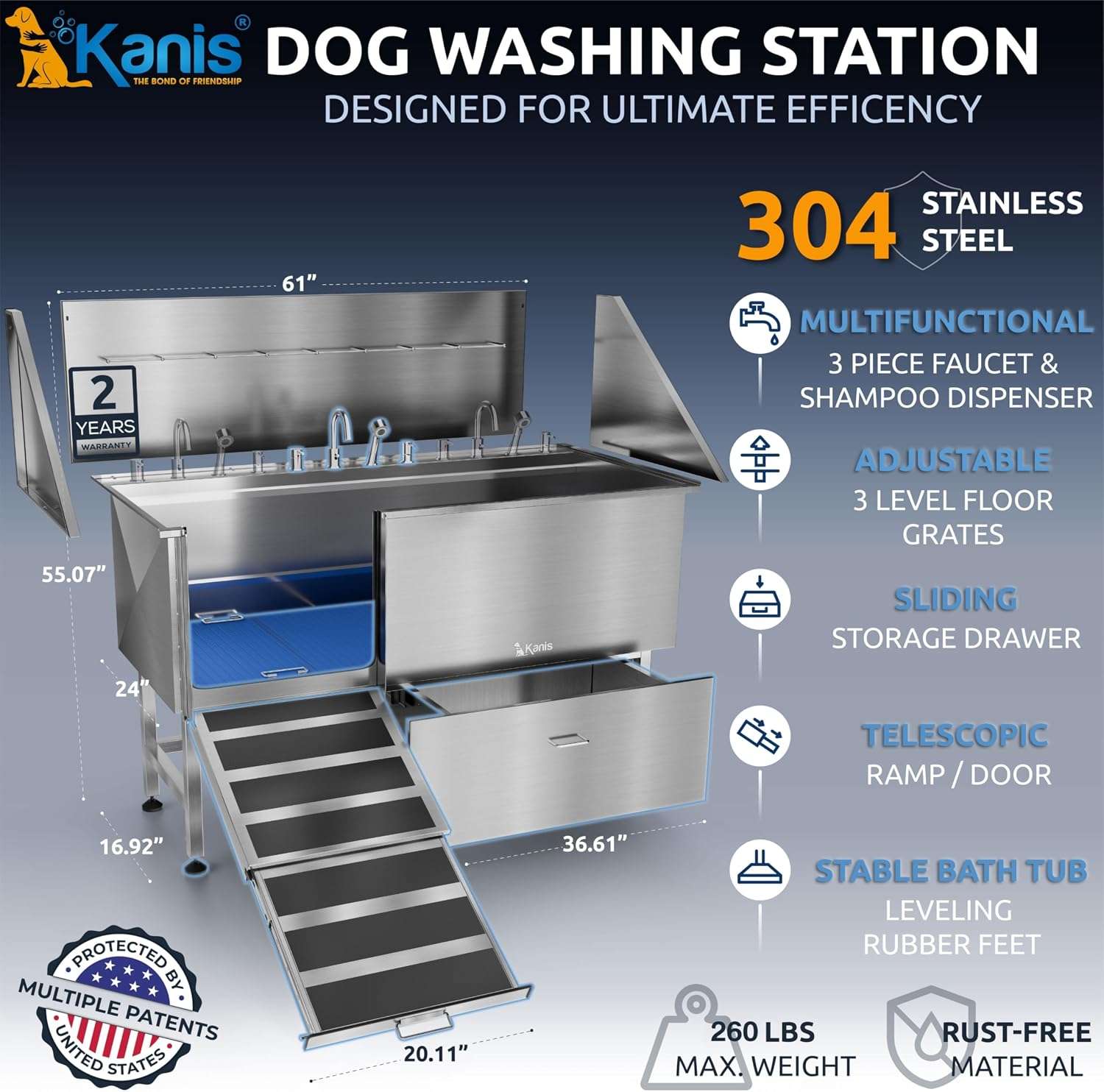 Bañera peluqueria canina acero inoxidable rampa deslizante griferia perros grandes