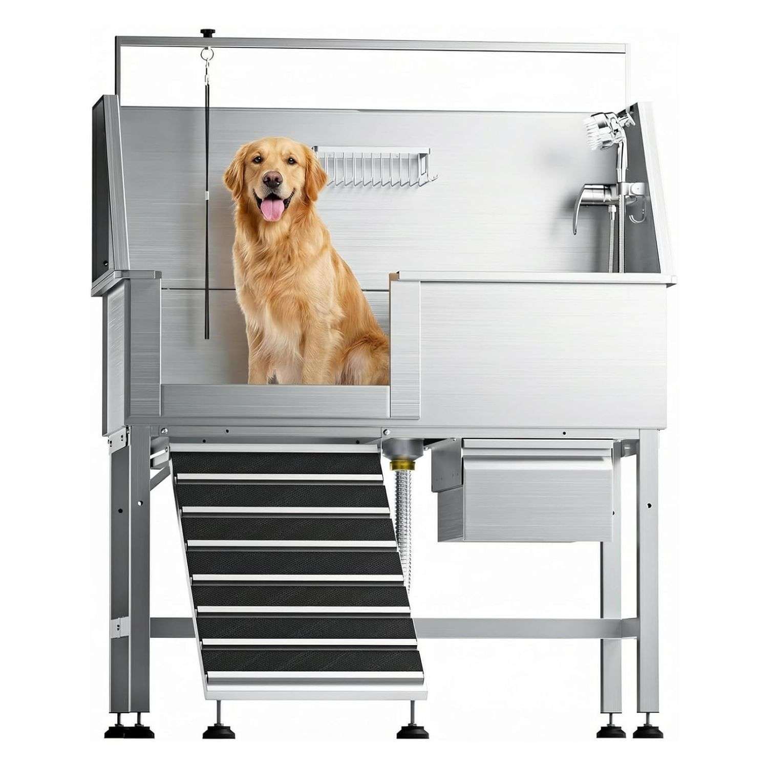 Bañera profesional acero inoxidable altura ajustable cajon almacenamiento rampa perros