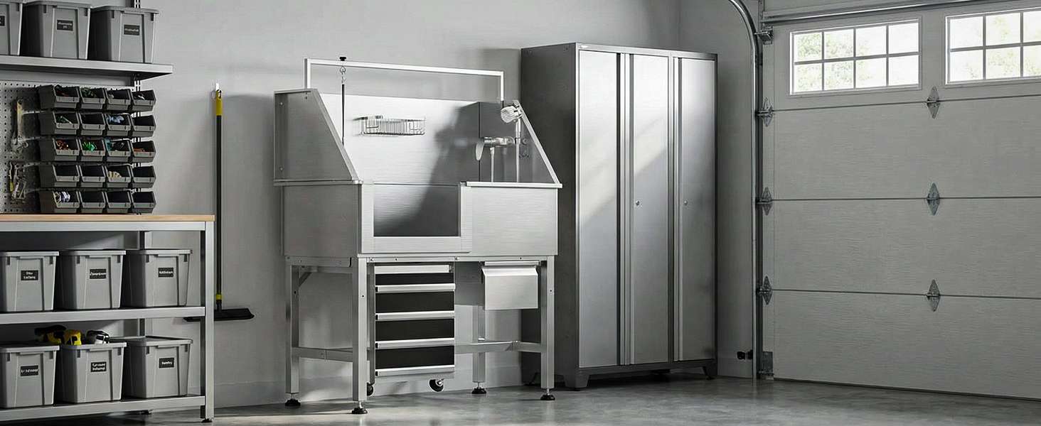 Bañera profesional acero inoxidable altura ajustable cajon almacenamiento rampa perros