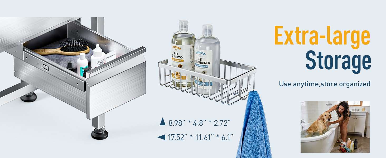 Bañera profesional acero inoxidable altura ajustable cajon almacenamiento rampa perros