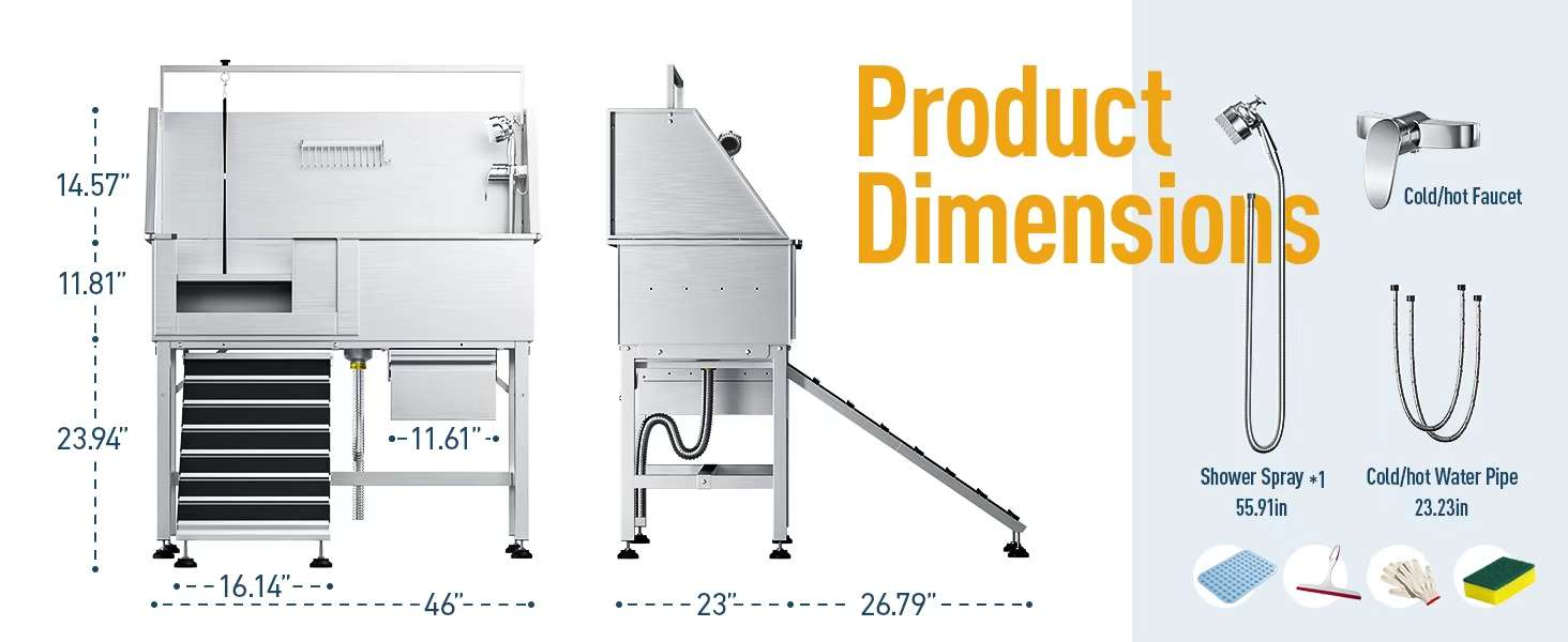 Bañera profesional acero inoxidable altura ajustable cajon almacenamiento rampa perros