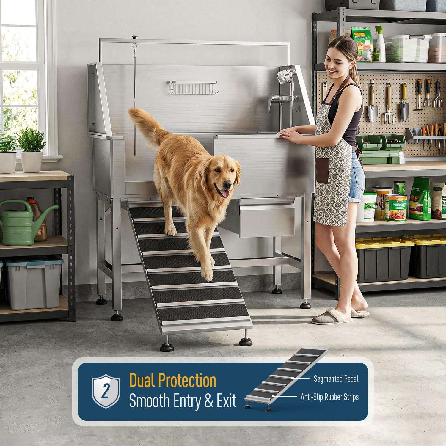 Bañera profesional acero inoxidable altura ajustable cajon almacenamiento rampa perros