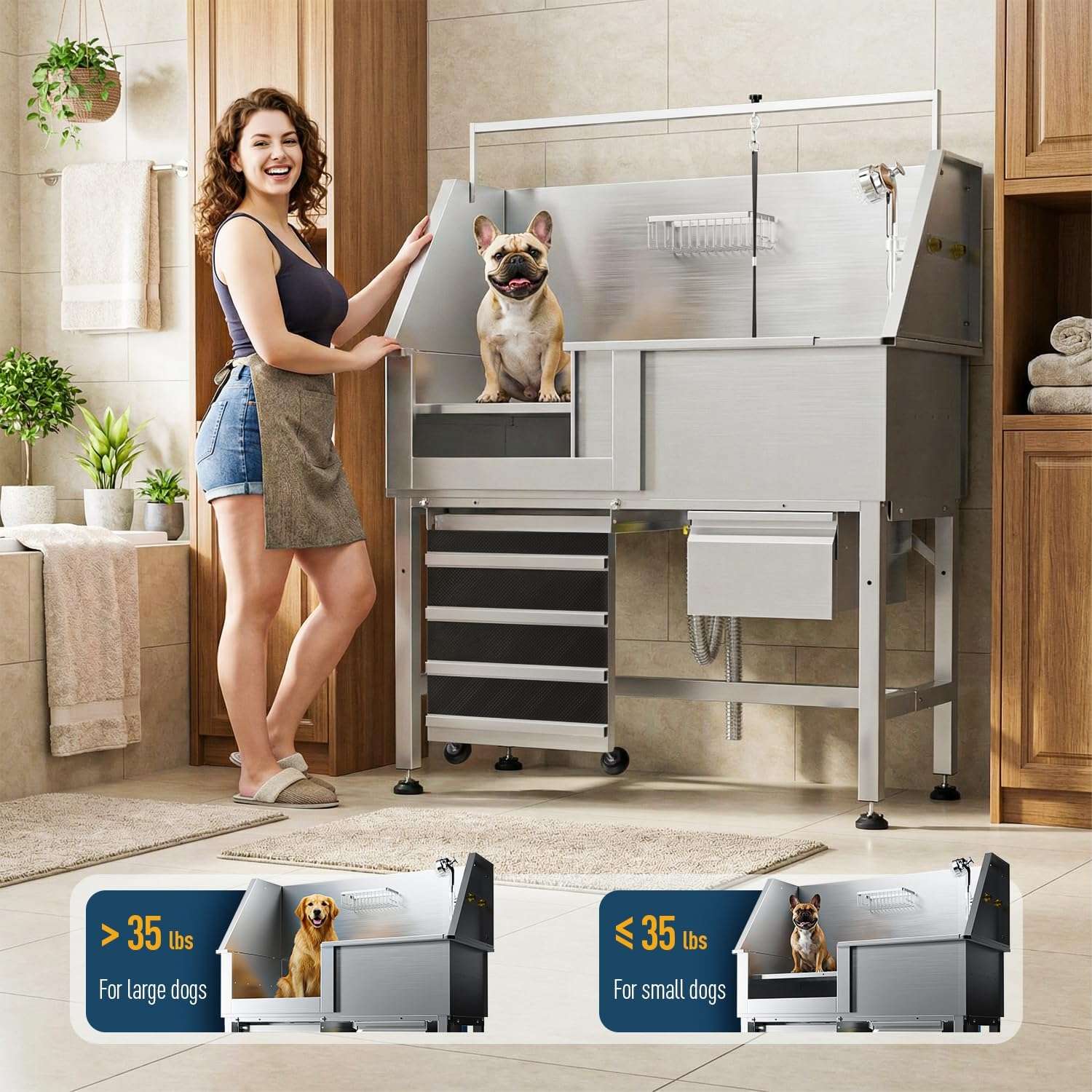 Bañera profesional acero inoxidable altura ajustable cajon almacenamiento rampa perros