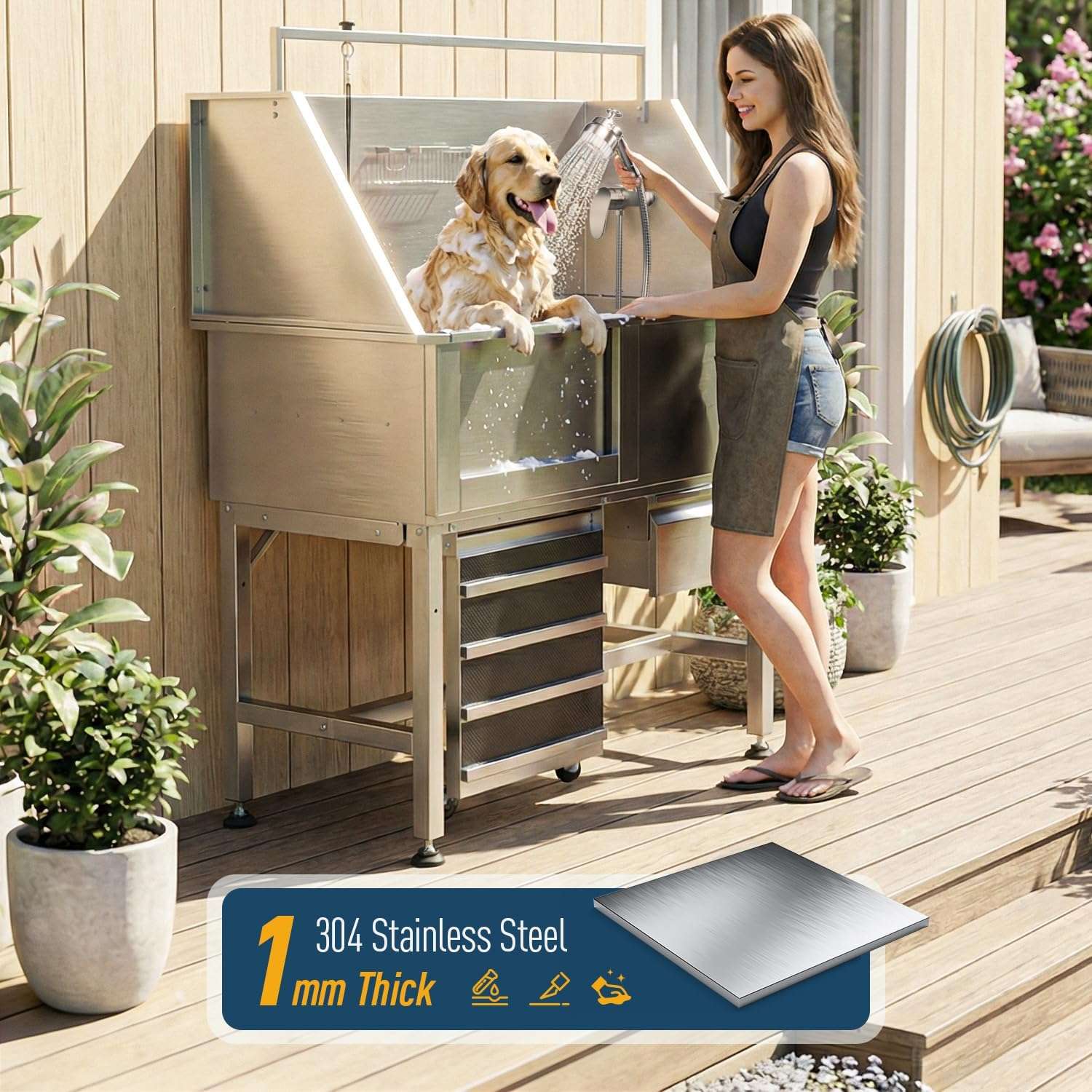 Bañera profesional acero inoxidable altura ajustable cajon almacenamiento rampa perros