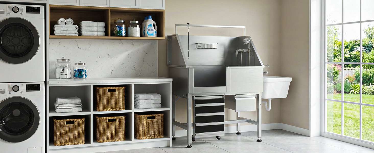 Bañera profesional acero inoxidable altura ajustable cajon almacenamiento rampa perros