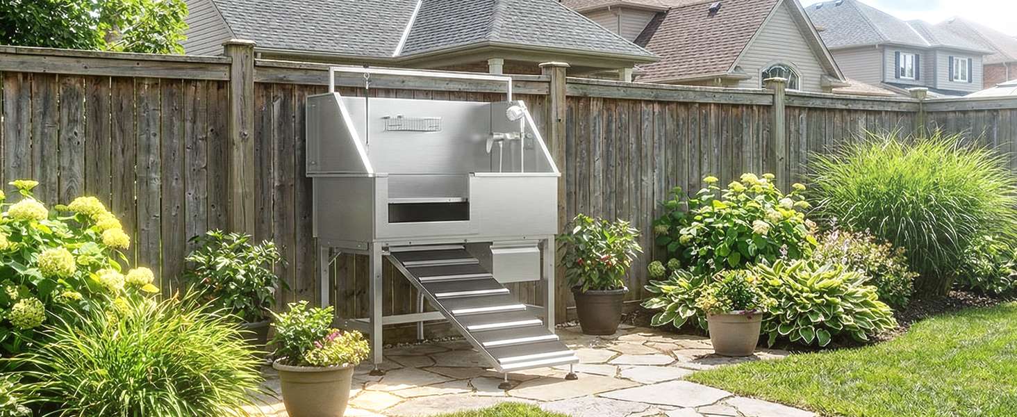 Bañera profesional acero inoxidable altura ajustable cajon almacenamiento rampa perros