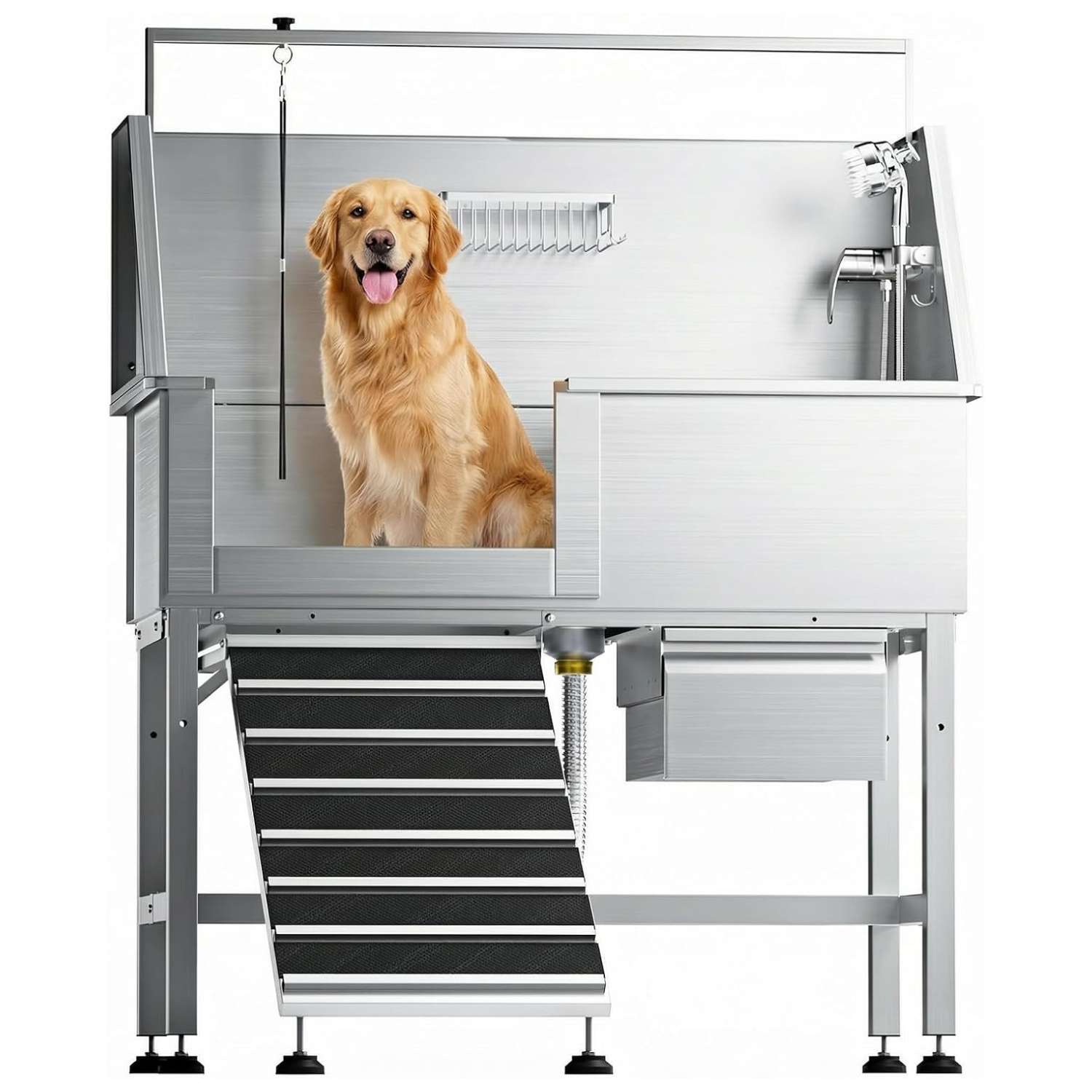 Bañera profesional acero inoxidable altura ajustable cajon almacenamiento rampa perros