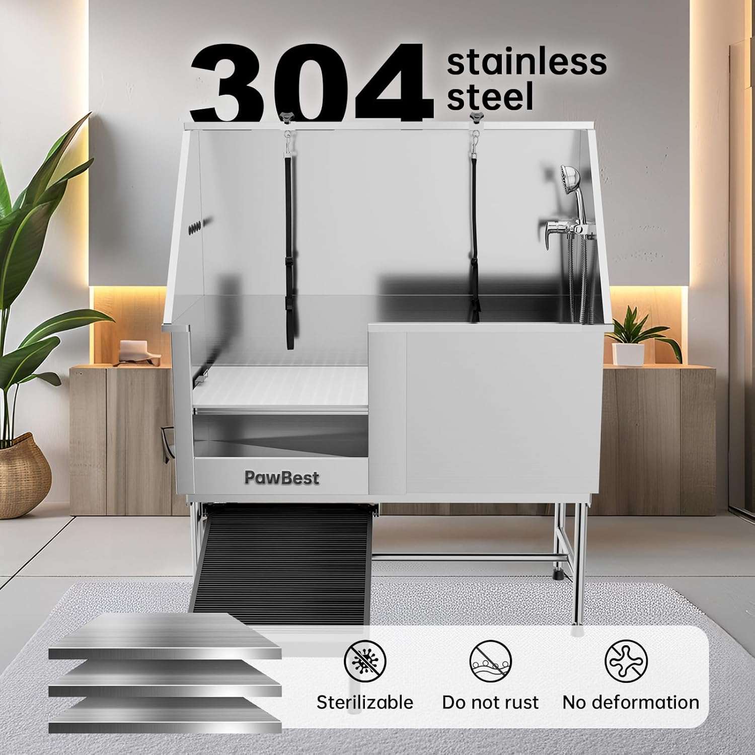 Bañera profesional acero inoxidable anti fugas puerta corredera rampa oculta perros