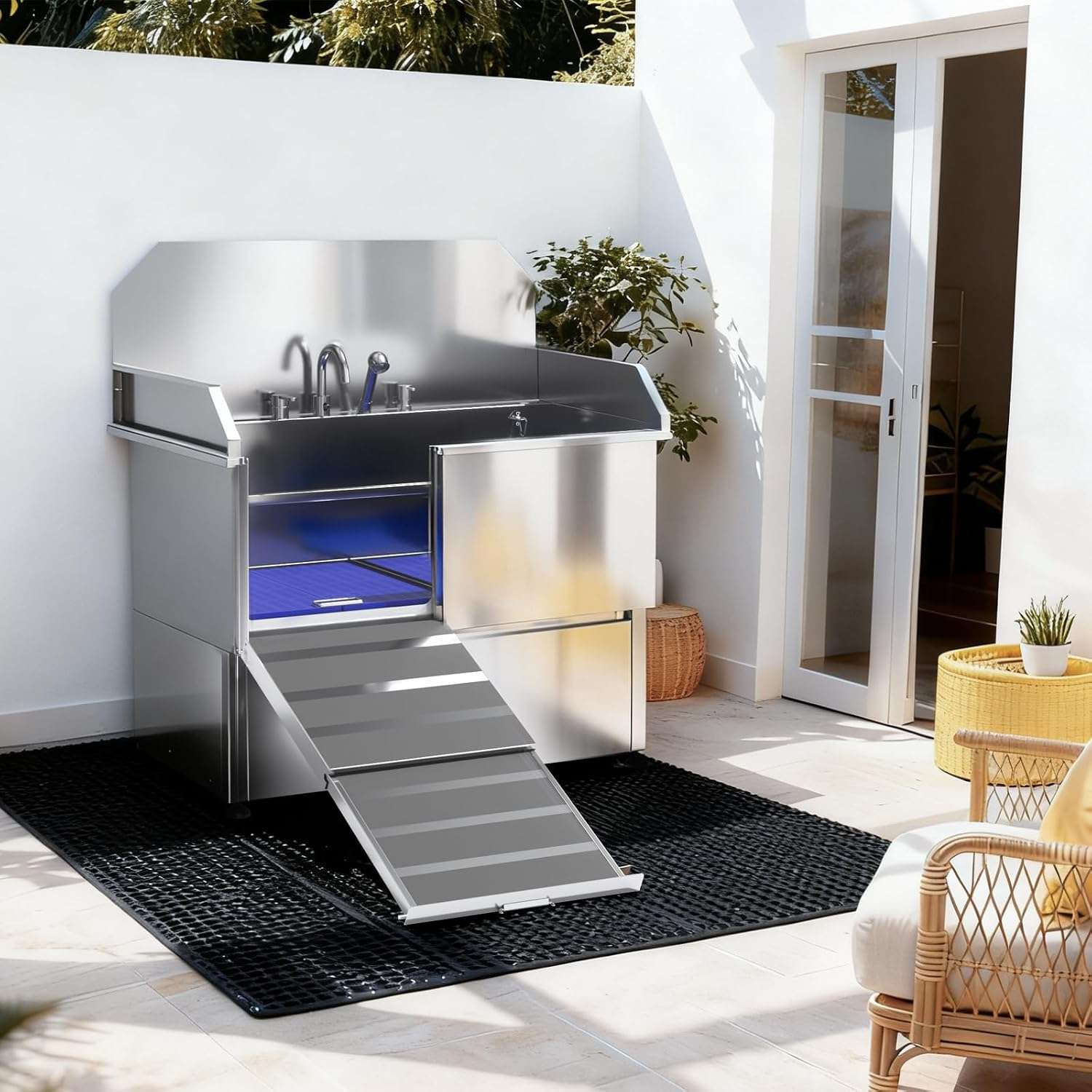Bañera profesional acero inoxidable 304 cajon almacenamiento rampa telescopica perros grandes
