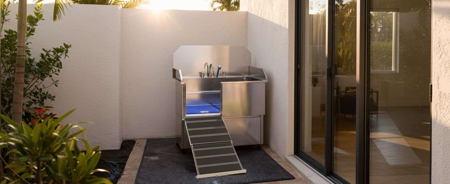 Bañera profesional acero inoxidable 304 cajon almacenamiento rampa telescopica perros grandes