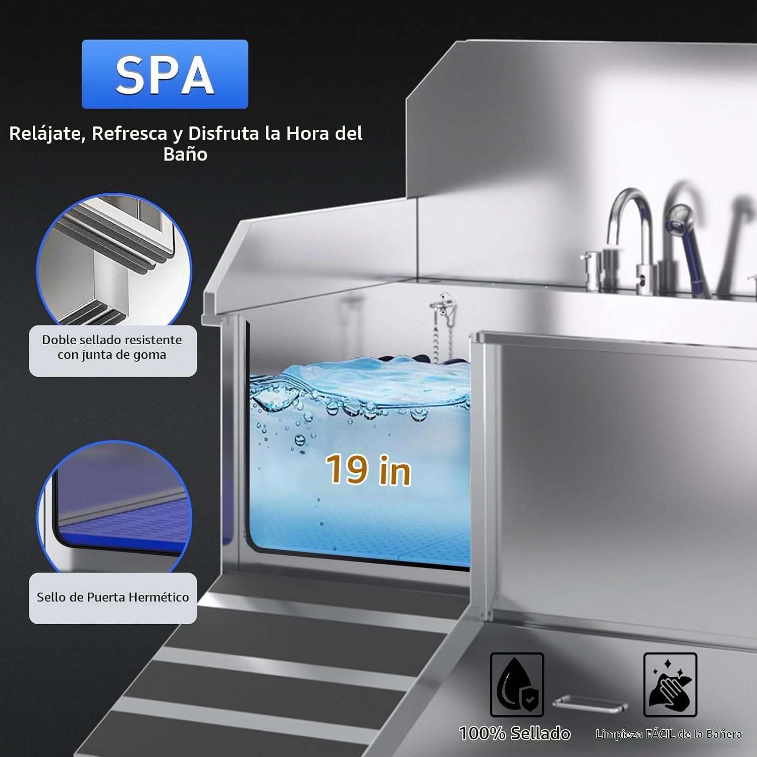 Bañera profesional acero inoxidable 304 cajon almacenamiento rampa telescopica perros grandes
