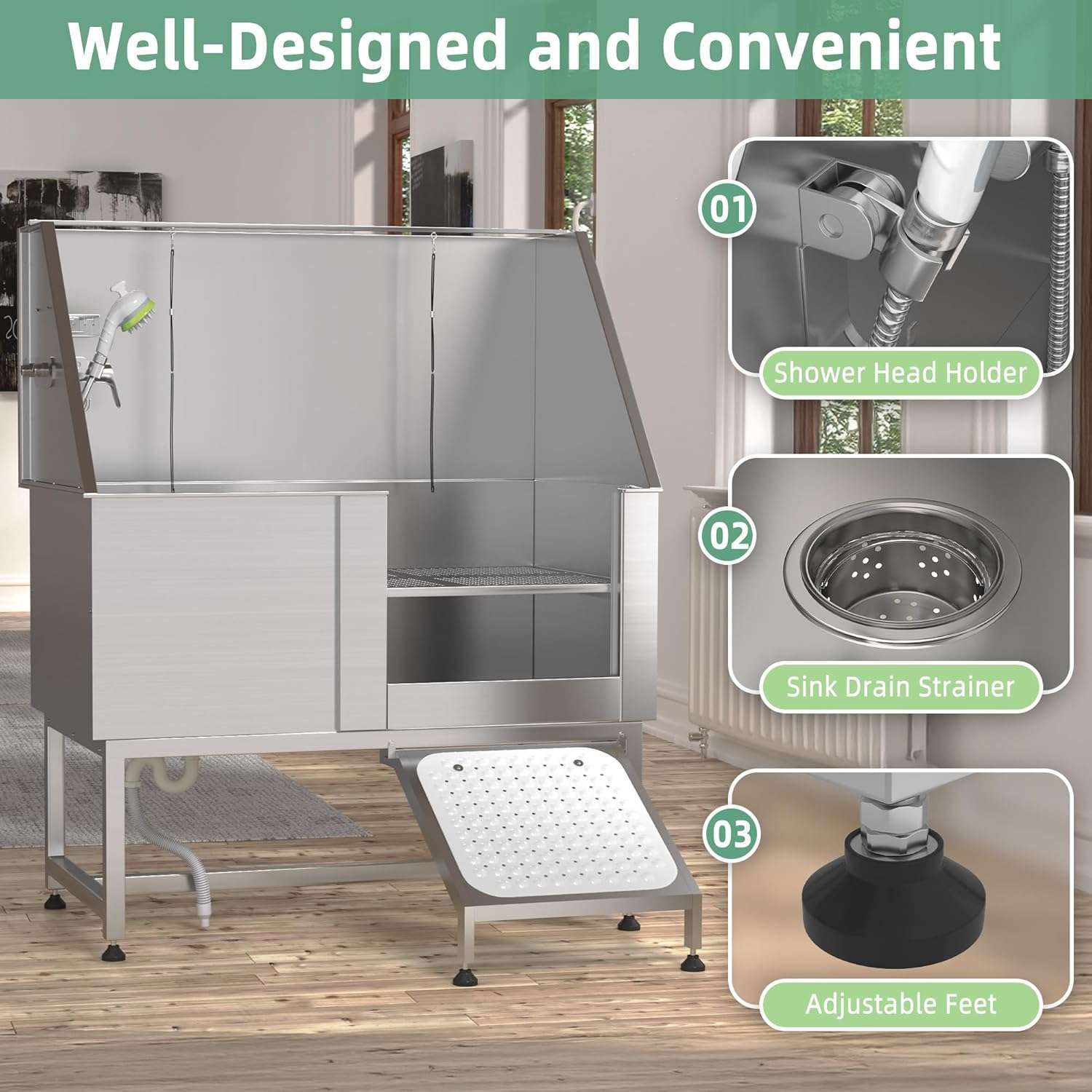 Bañera profesional acero inoxidable altura ajustable perros grandes rampa retractil