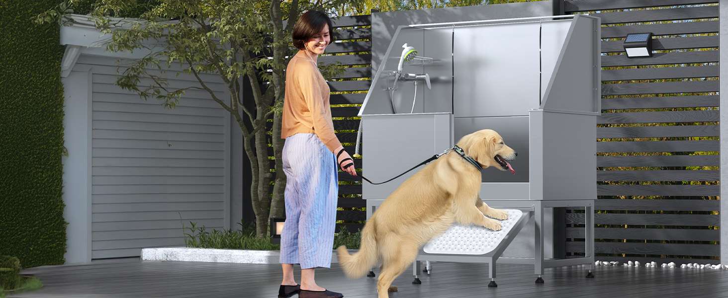 Bañera profesional acero inoxidable altura ajustable perros grandes rampa retractil