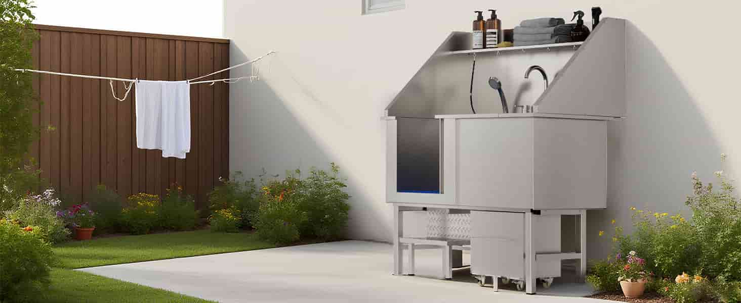 Bañera profesional acero inoxidable perros grandes 128x67x60 cm rampa griferia carrito organizador