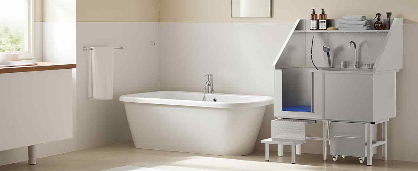 Bañera profesional acero inoxidable perros grandes 128x67x60 cm rampa griferia carrito organizador