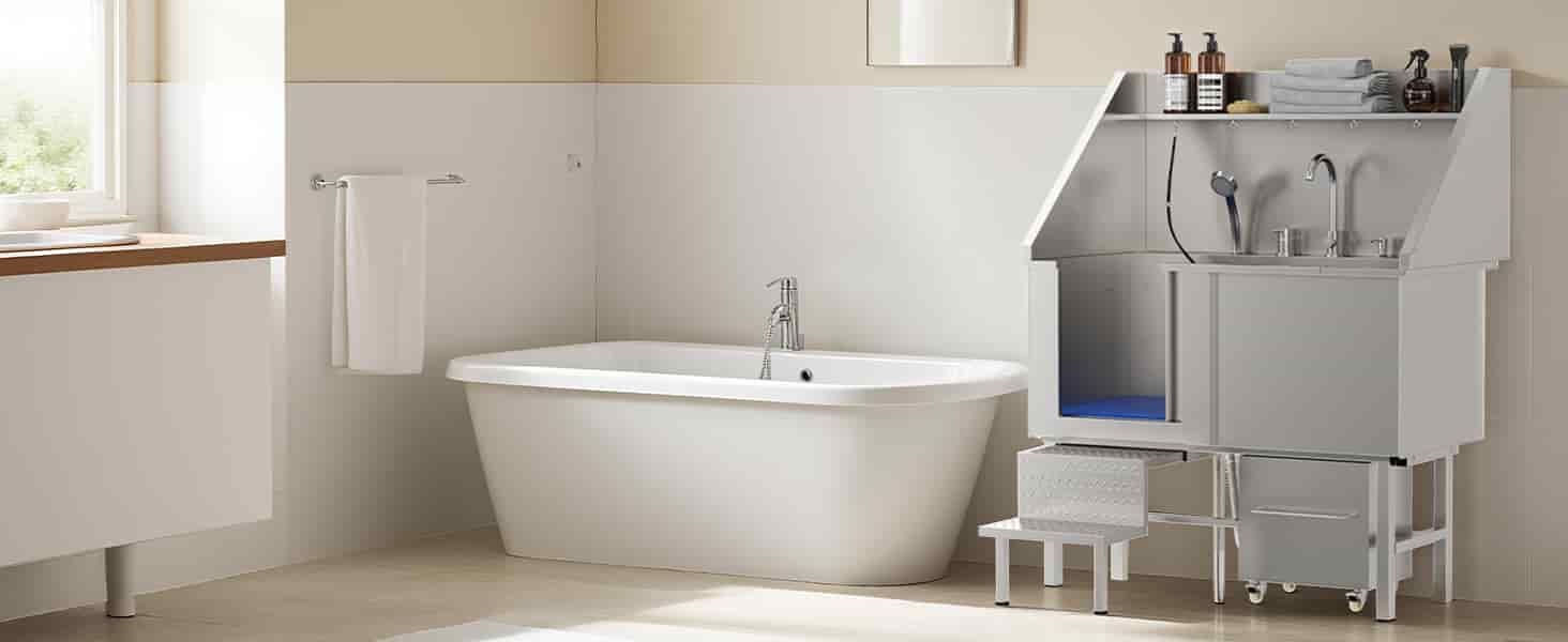Bañera profesional acero inoxidable perros grandes 128x67x60 cm rampa griferia carrito organizador