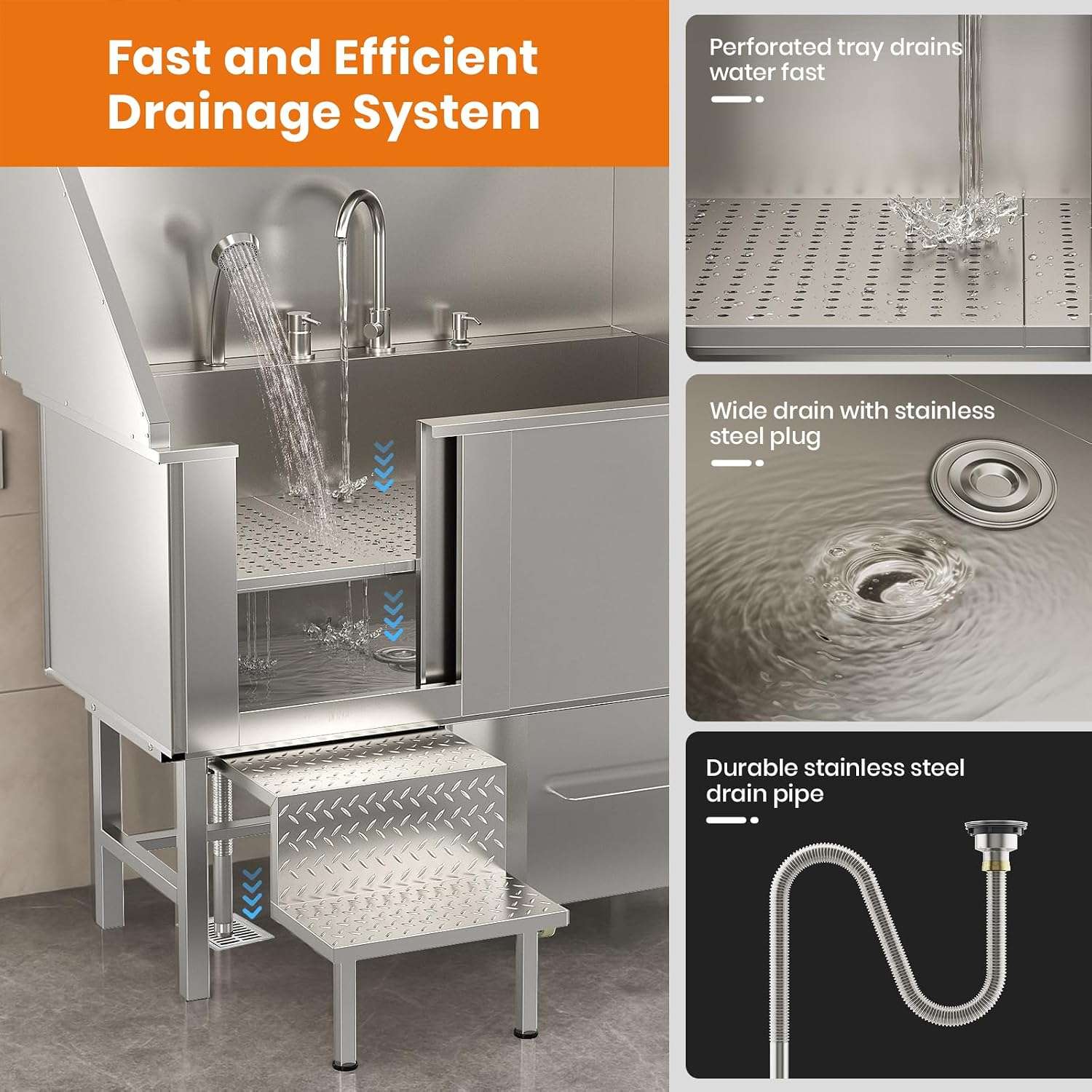 Bañera profesional acero inoxidable perros grandes 128x67x60 cm rampa griferia carrito organizador