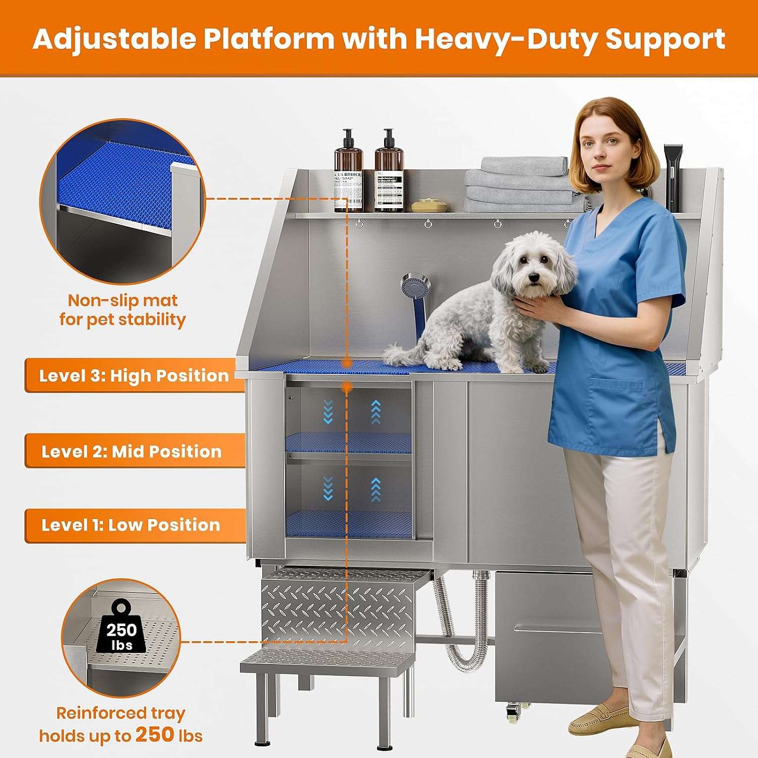 Bañera profesional acero inoxidable perros grandes 128x67x60 cm rampa griferia carrito organizador