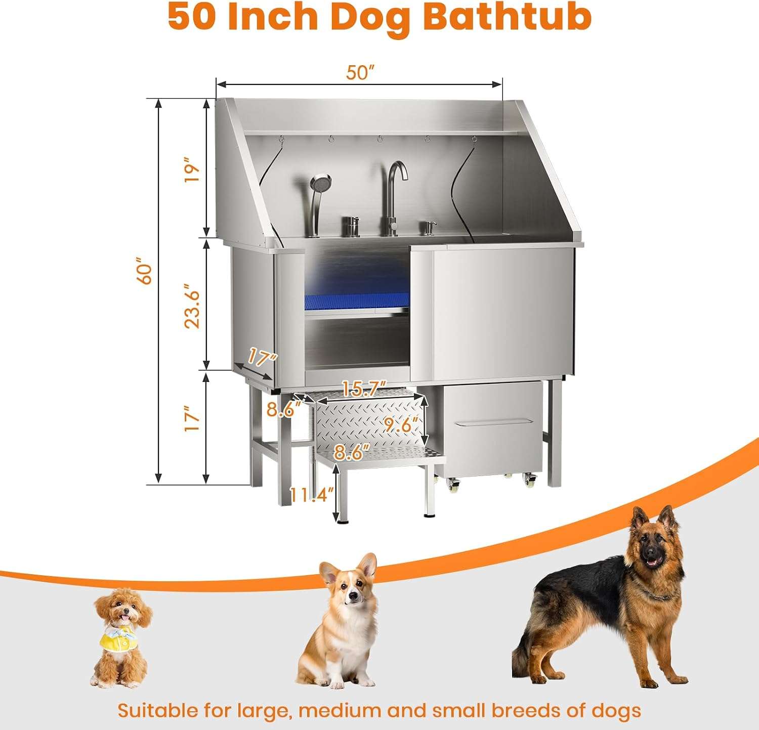 Bañera profesional acero inoxidable perros grandes 128x67x60 cm rampa griferia carrito organizador