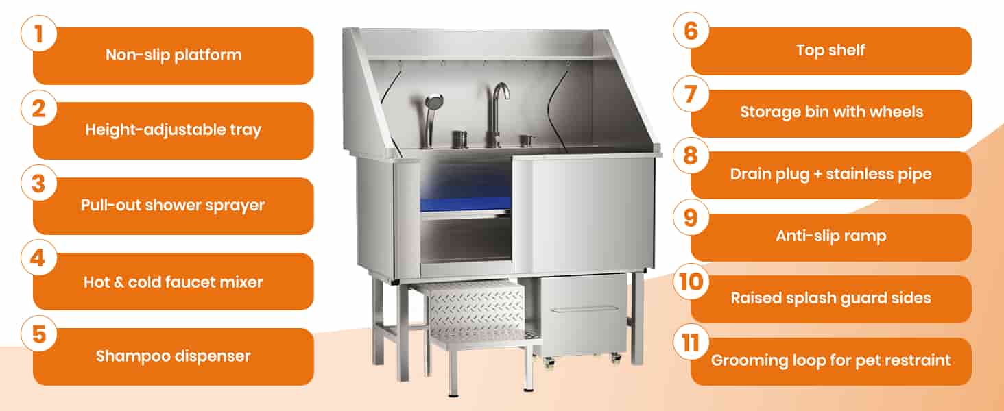 Bañera profesional acero inoxidable perros grandes 128x67x60 cm rampa griferia carrito organizador