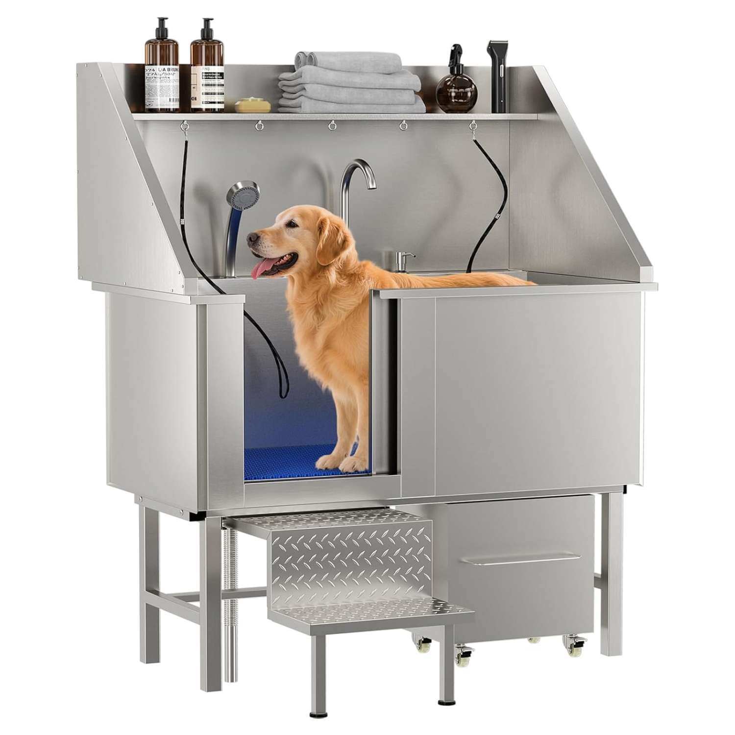 Bañera profesional acero inoxidable perros grandes 128x67x60 cm rampa griferia carrito organizador