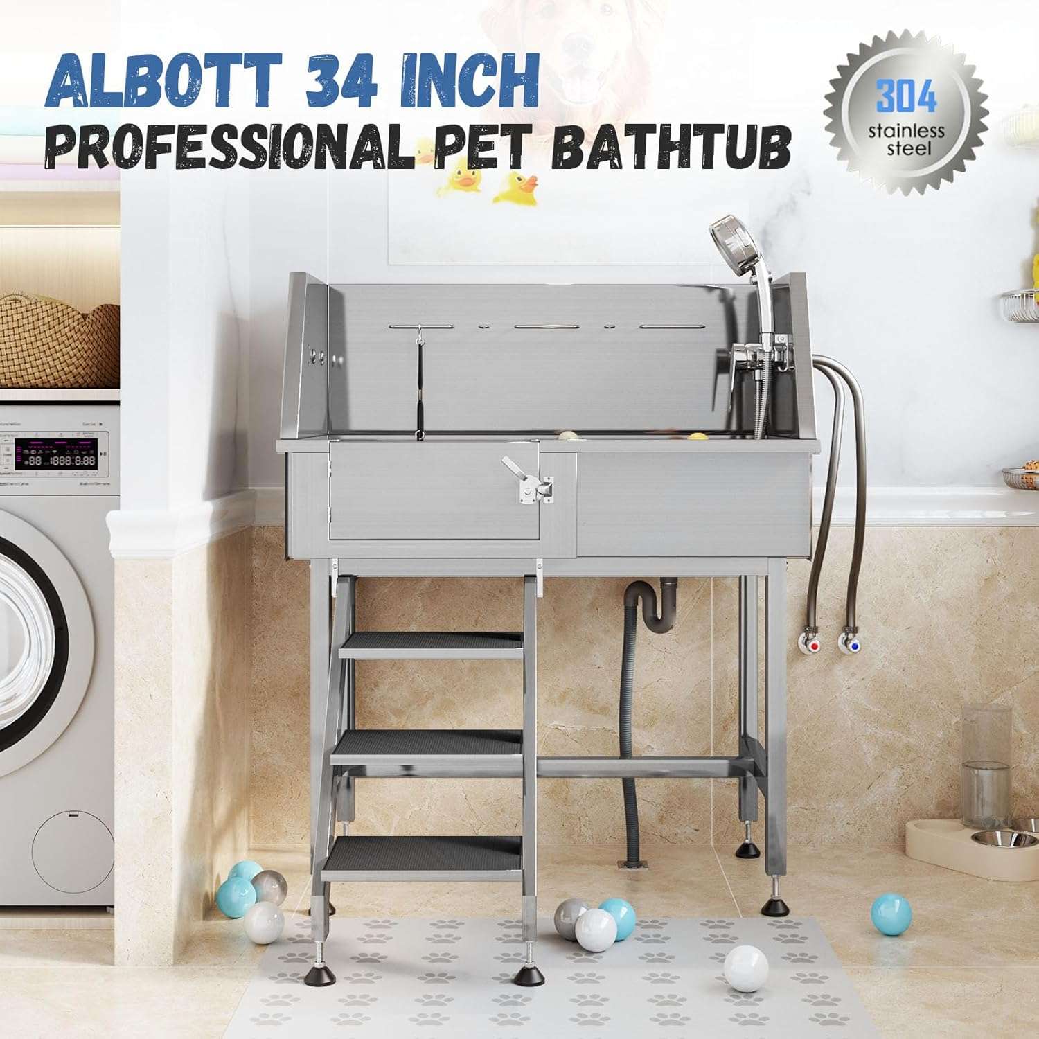 Bañera Profesional Compacta Acero para Mascotas con Escalera - Grifería 3 Velocidades y Trampa de Pelo - Imagen 2