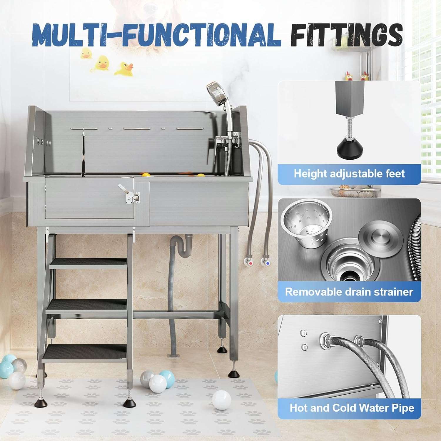 Bañera Profesional Compacta Acero para Mascotas con Escalera - Grifería 3 Velocidades y Trampa de Pelo - Imagen 5