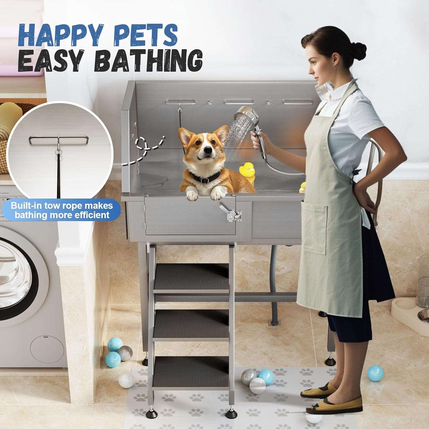 Bañera Profesional Compacta Acero para Mascotas con Escalera - Grifería 3 Velocidades y Trampa de Pelo - Imagen 6