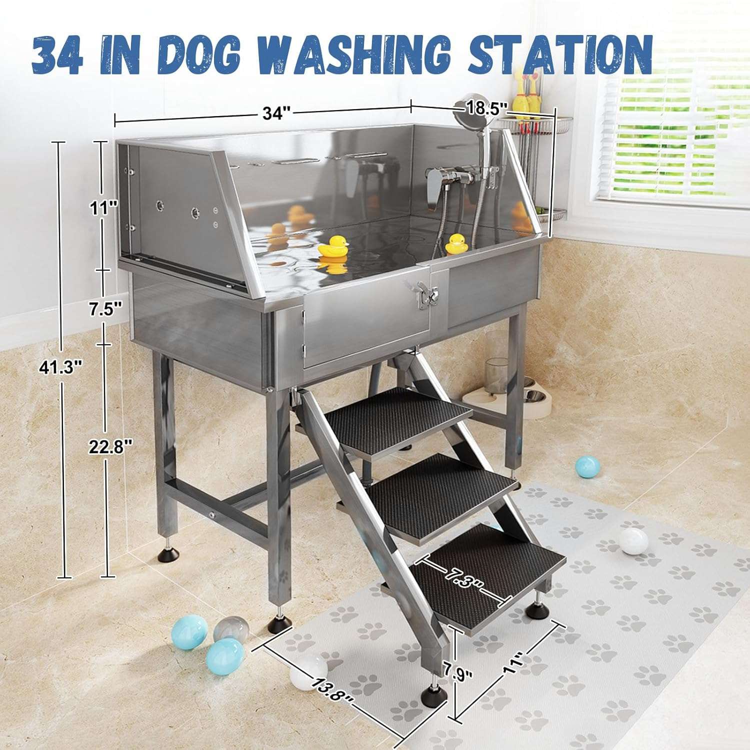 Bañera Profesional Compacta Acero para Mascotas con Escalera - Grifería 3 Velocidades y Trampa de Pelo - Imagen 7