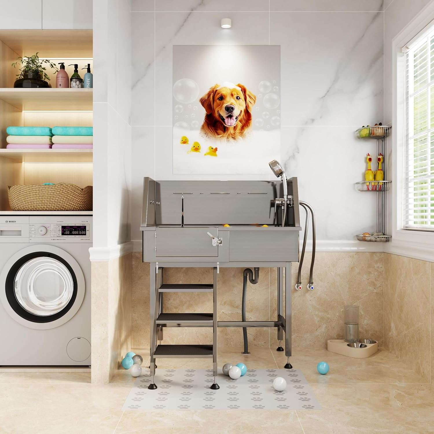 Bañera Profesional Compacta Acero para Mascotas con Escalera - Grifería 3 Velocidades y Trampa de Pelo - Imagen 8