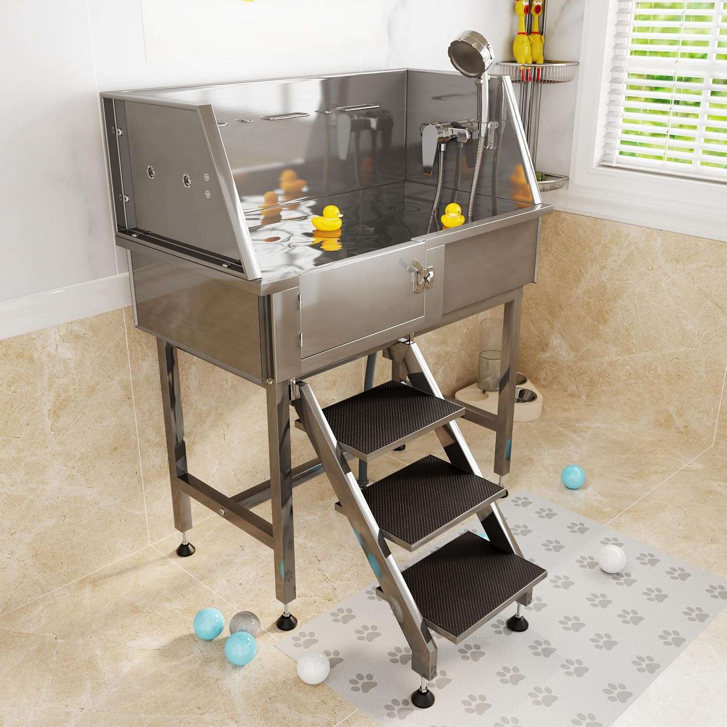 Bañera Profesional Compacta Acero para Mascotas con Escalera - Grifería 3 Velocidades y Trampa de Pelo - Imagen 9