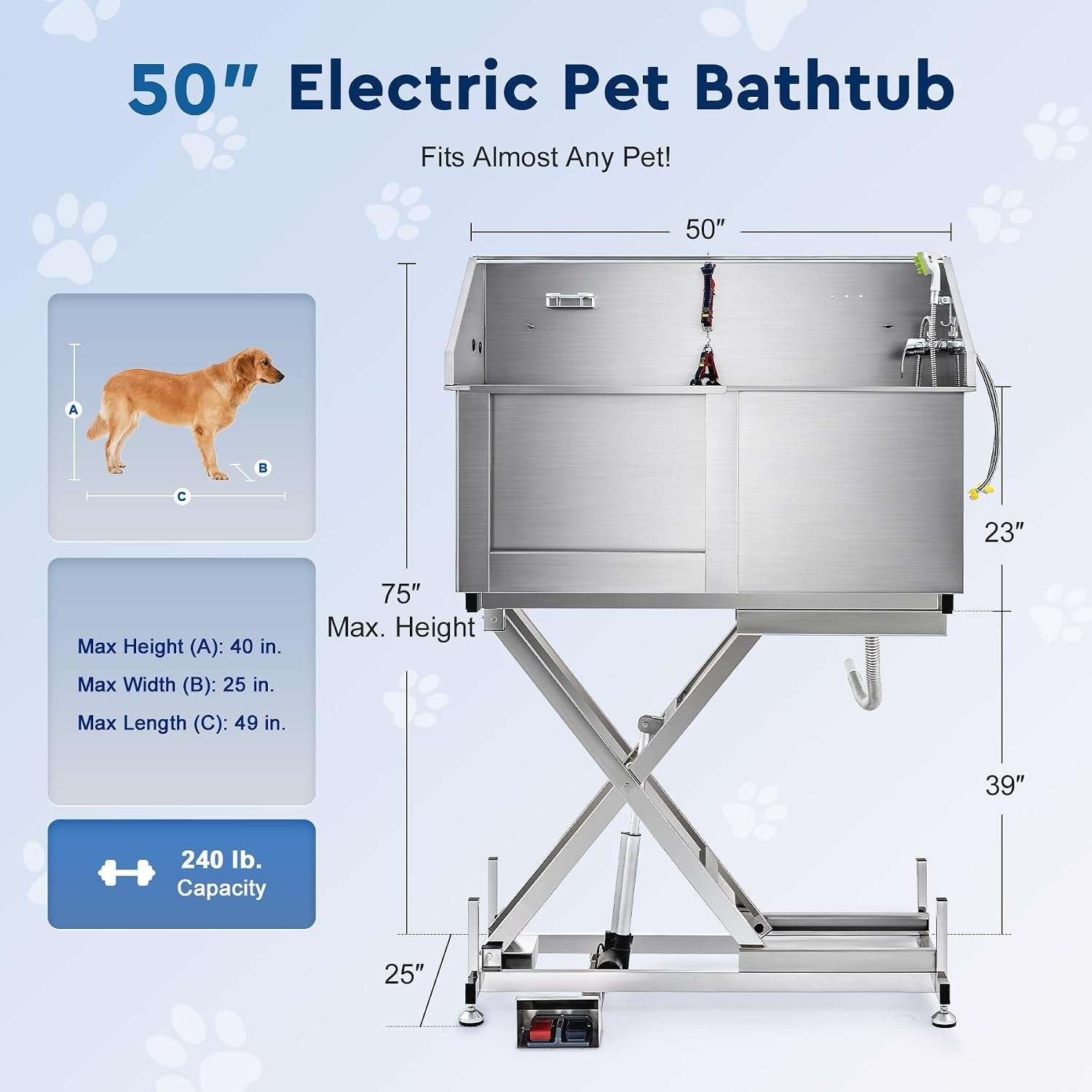 Bañera electrica perros medianos pequeños acero inoxidable 134cm altura ajustable