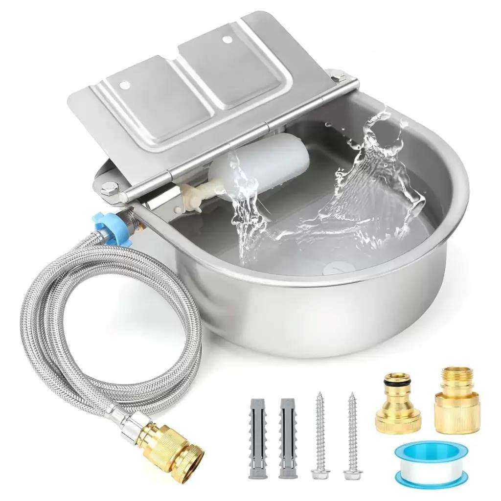 Bebedero automatico de acero inoxidable de 4 litros para perros y ganado con tapon de desague y manguera metalica.