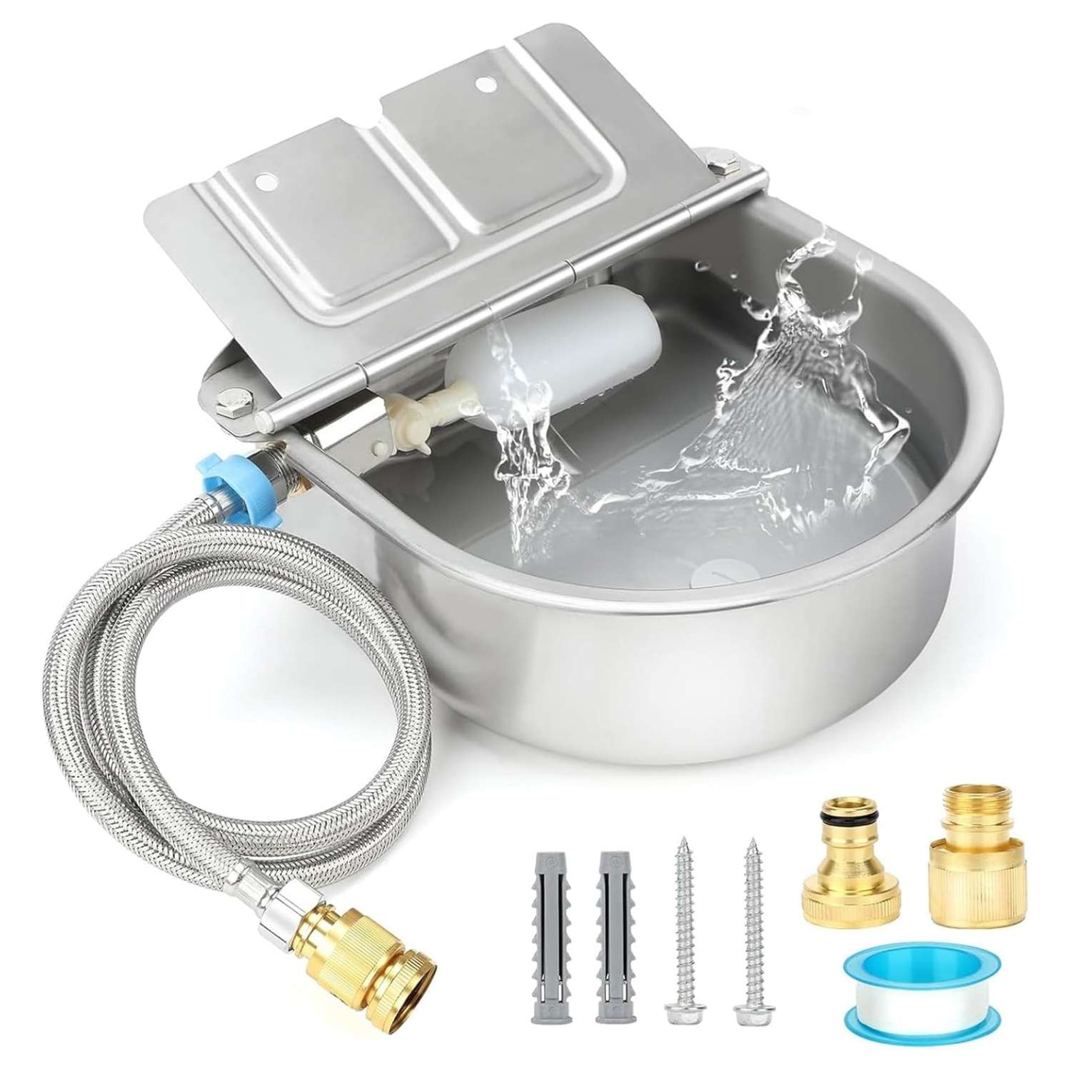 Bebedero automatico de acero inoxidable de 4 litros para perros y ganado con tapon de desague y manguera metalica.