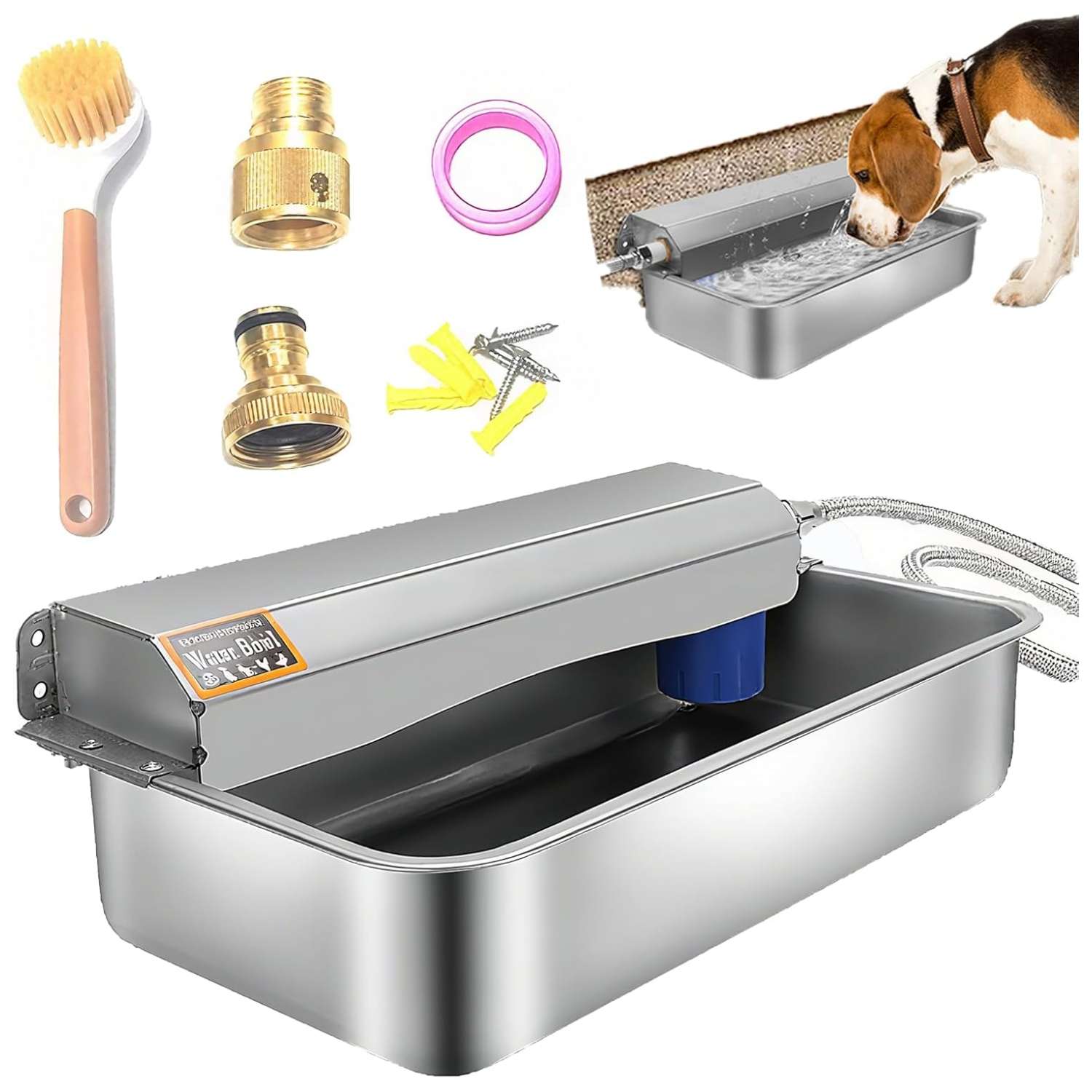 Bebedero automatico de acero inoxidable de 6 litros para perros y ganado con montaje en muro y valvula de desague.