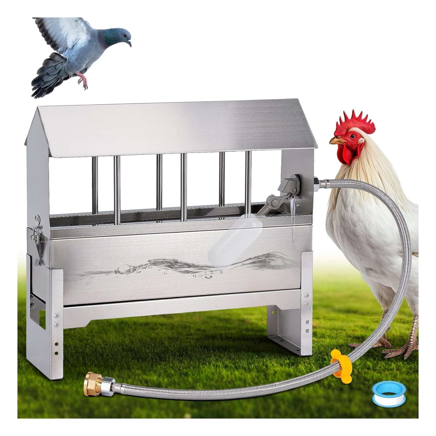 Bebedero tipo canaleta en Acero Inoxidable. Relleno automático con flotador y conexión a manguera. Incluye patas y manguera trenzada. Perfecto para patos, gansos y gallinas. No se oxida