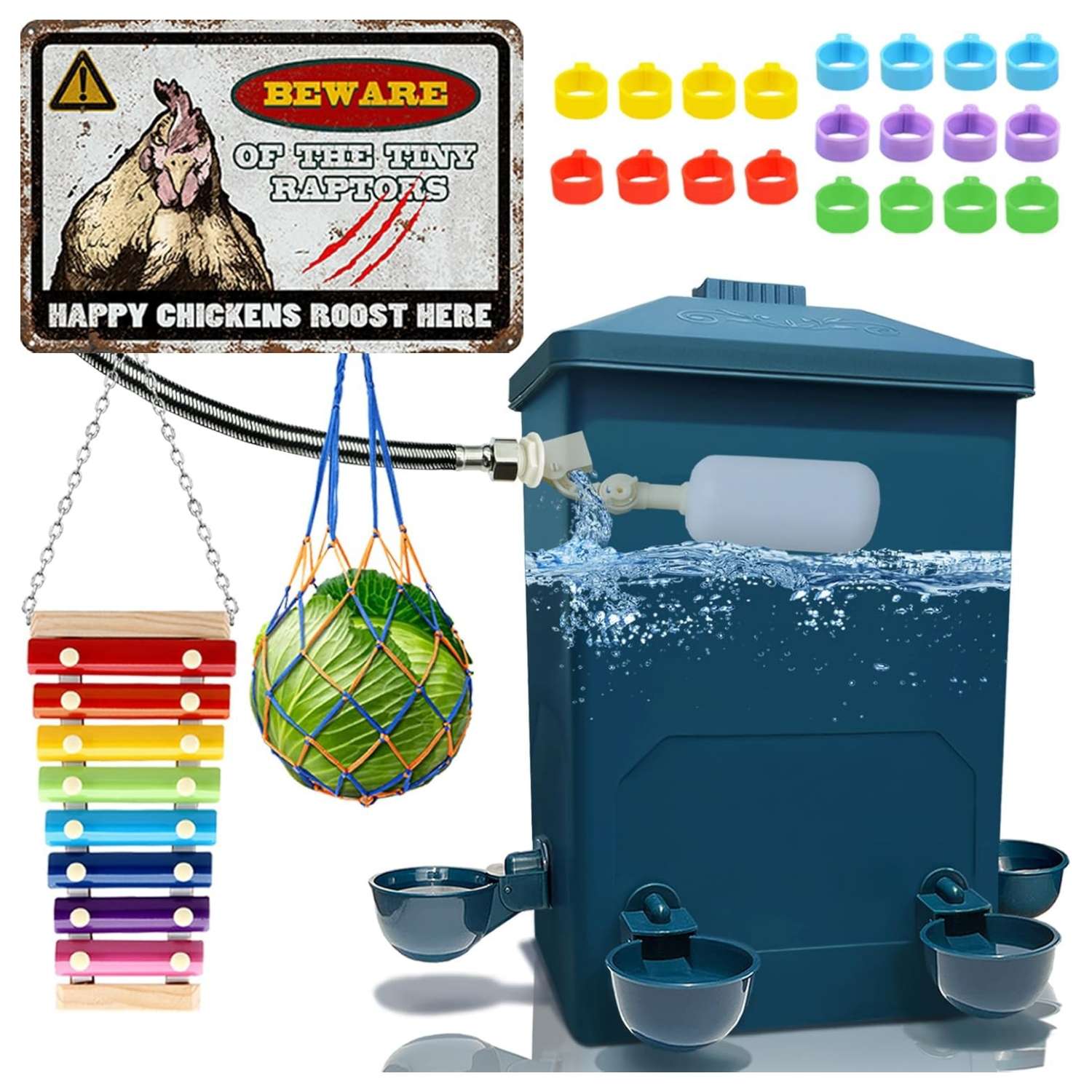 Bebedero automatico de 15 litros para gallinas con conexion a manguera niples y tazas colgante.